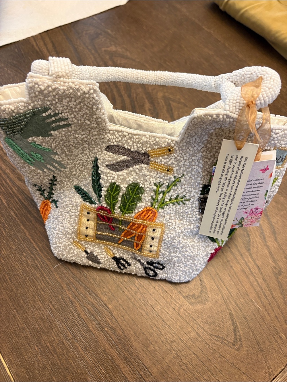 Beaded White Garden Tote Bag with Embroidered Veggies